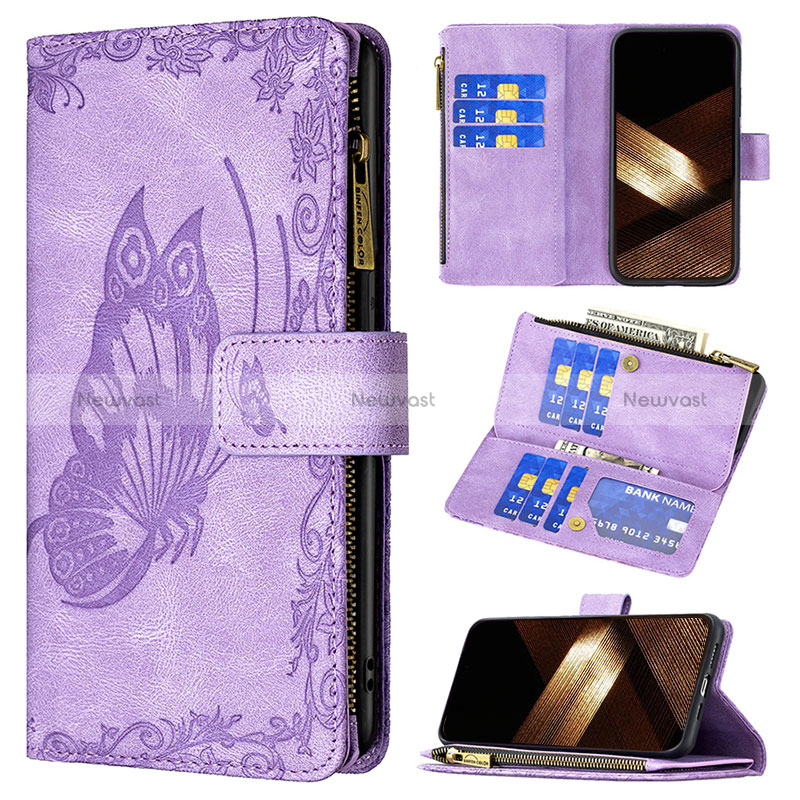 Leather Case Stands Butterfly Flip Cover L08 Holder for Apple iPhone 16 Pro Max Purple