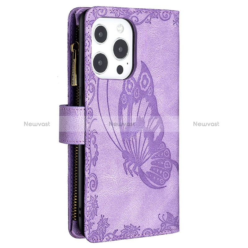 Leather Case Stands Butterfly Flip Cover L08 Holder for Apple iPhone 16 Pro Max Purple