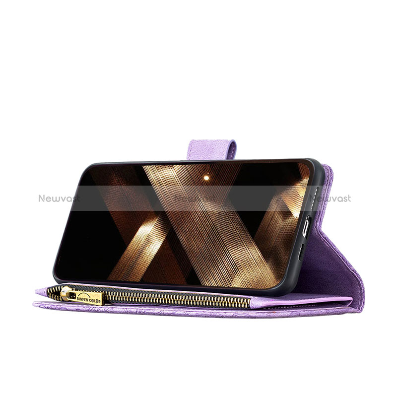 Leather Case Stands Butterfly Flip Cover L08 Holder for Apple iPhone 16 Pro Max Purple