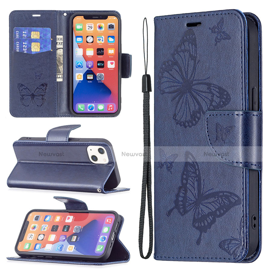 Leather Case Stands Butterfly Flip Cover L09 Holder for Apple iPhone 13 Blue