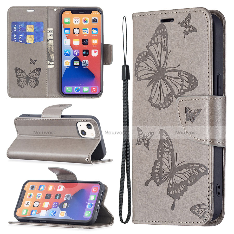 Leather Case Stands Butterfly Flip Cover L09 Holder for Apple iPhone 13 Gray