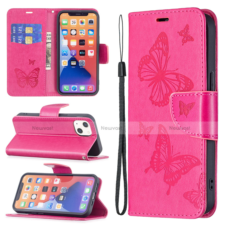 Leather Case Stands Butterfly Flip Cover L09 Holder for Apple iPhone 13 Hot Pink