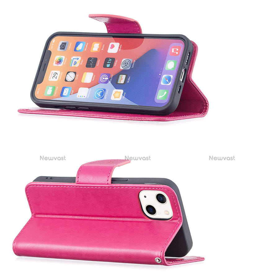 Leather Case Stands Butterfly Flip Cover L09 Holder for Apple iPhone 13 Hot Pink