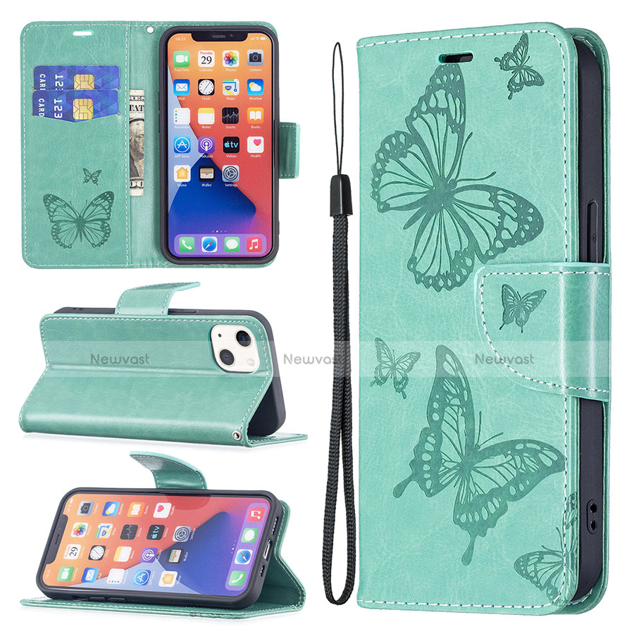 Leather Case Stands Butterfly Flip Cover L09 Holder for Apple iPhone 13 Mini Green