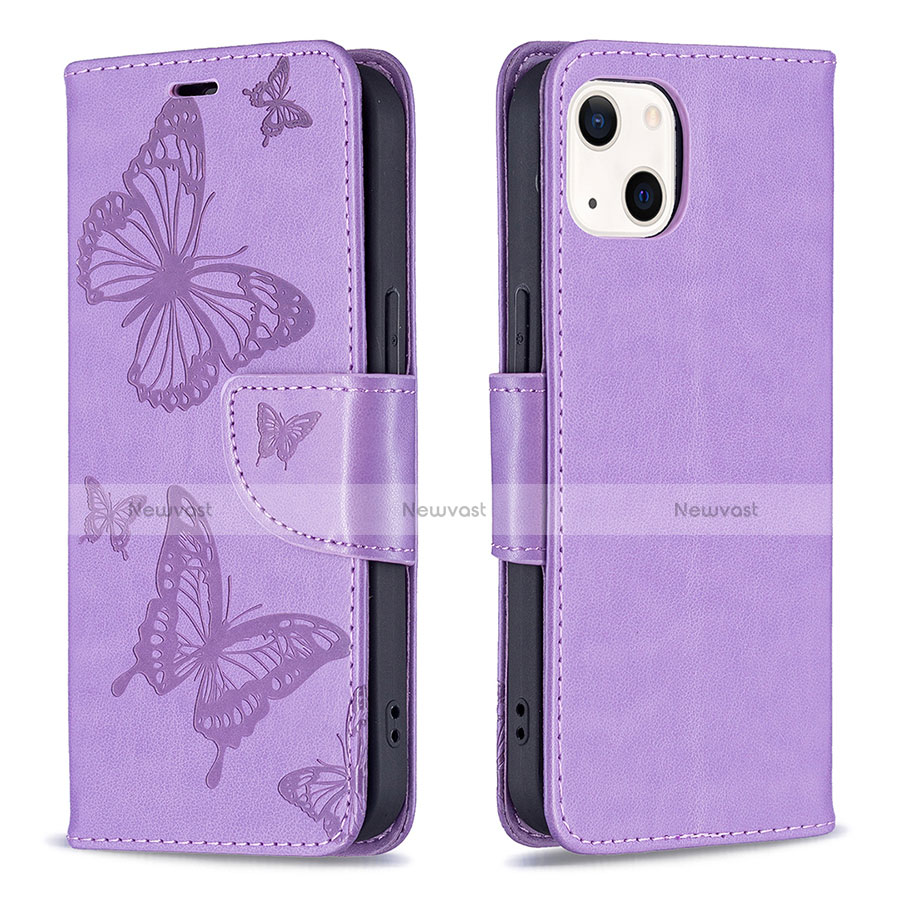 Leather Case Stands Butterfly Flip Cover L09 Holder for Apple iPhone 13 Mini Purple