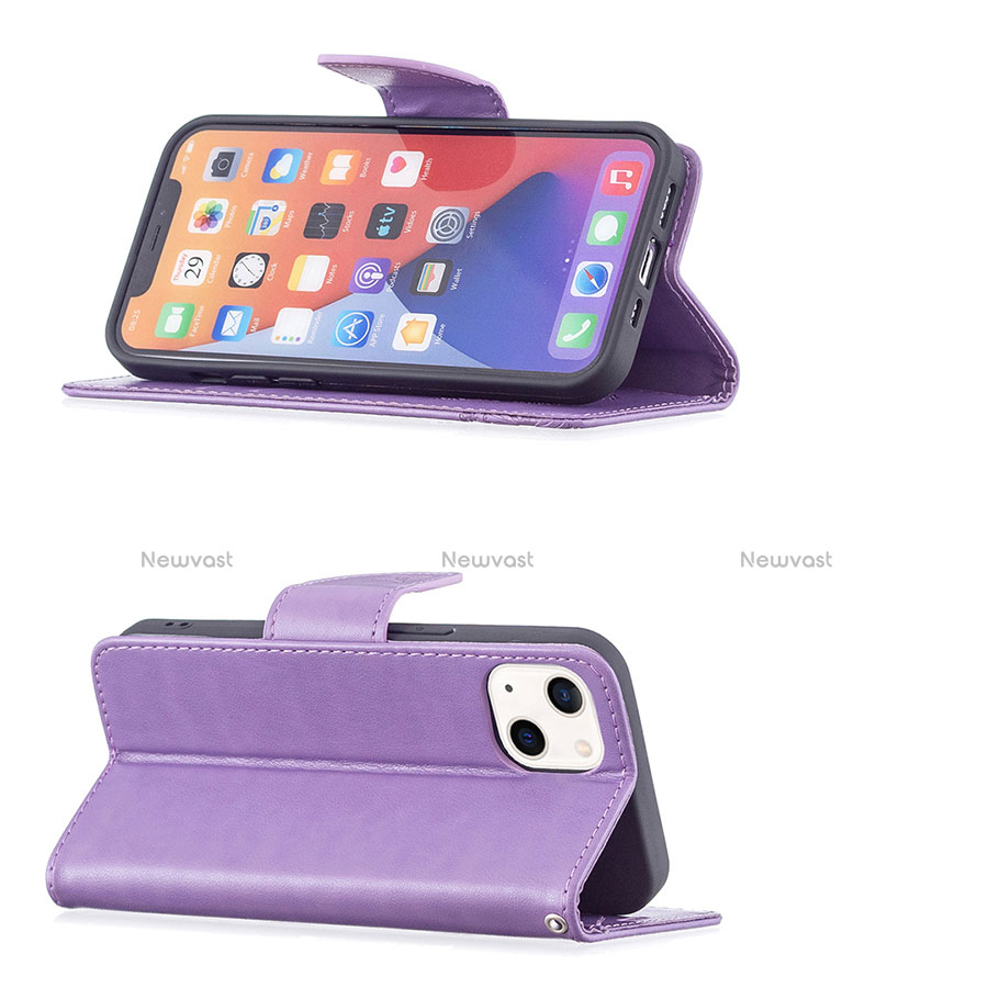 Leather Case Stands Butterfly Flip Cover L09 Holder for Apple iPhone 13 Mini Purple