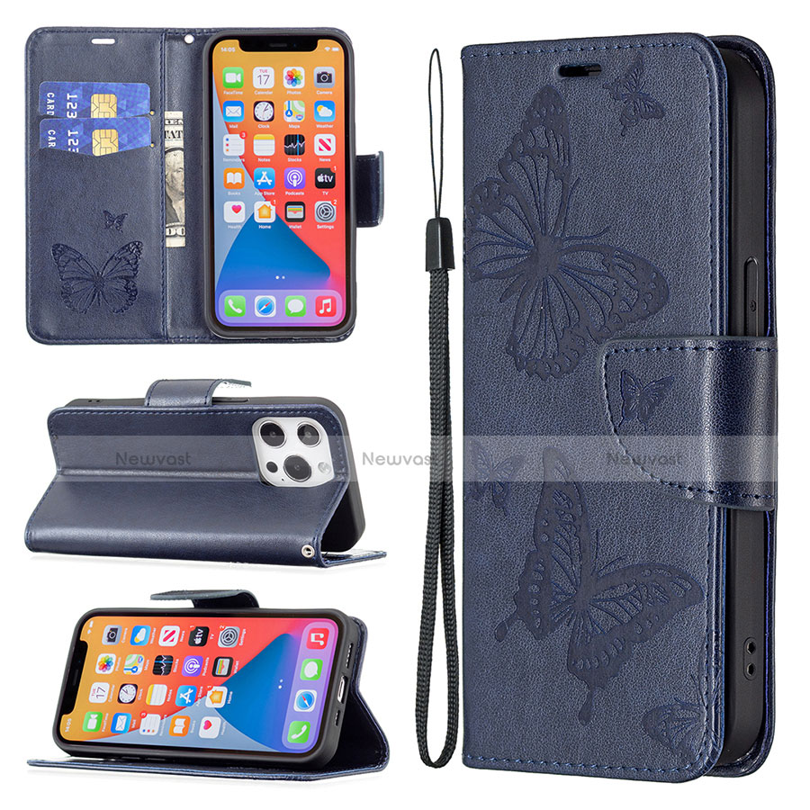 Leather Case Stands Butterfly Flip Cover L09 Holder for Apple iPhone 13 Pro Blue