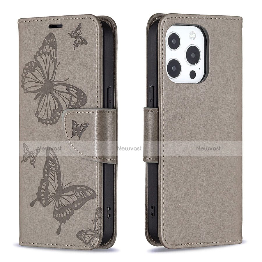 Leather Case Stands Butterfly Flip Cover L09 Holder for Apple iPhone 13 Pro Dark Gray