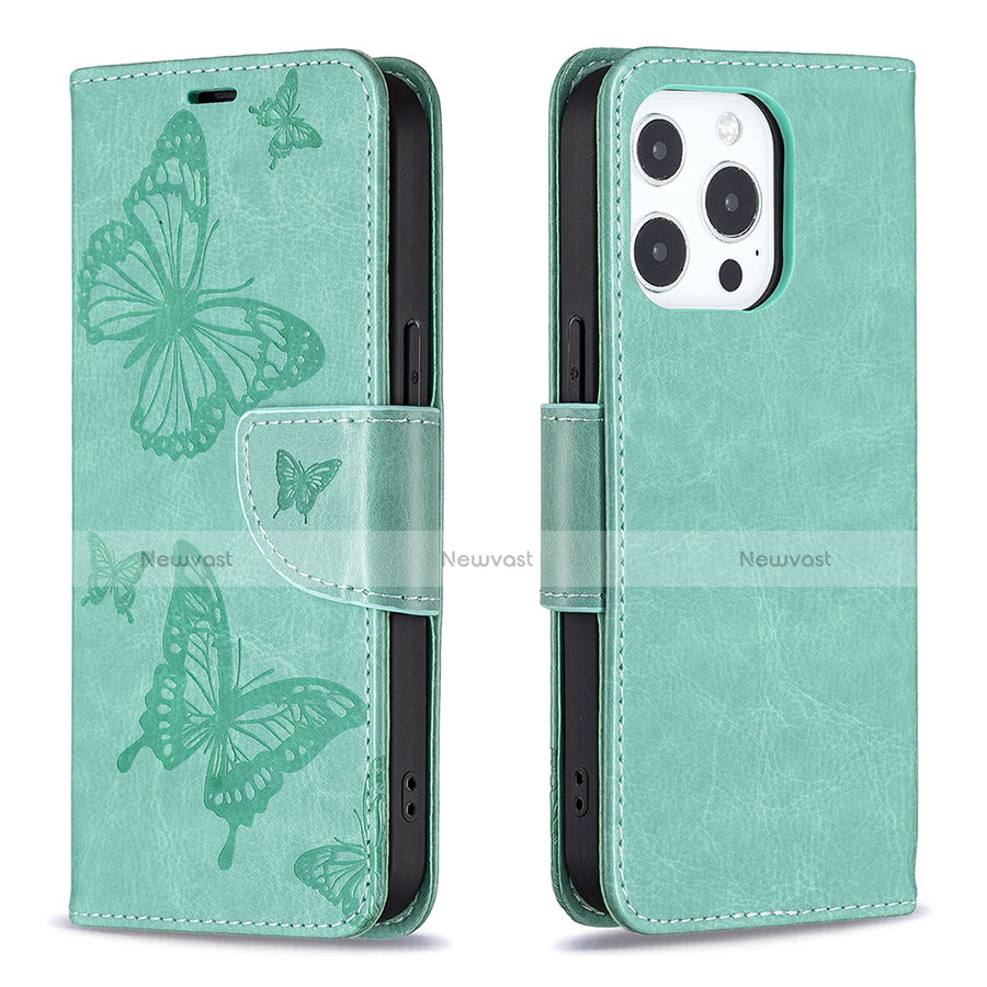 Leather Case Stands Butterfly Flip Cover L09 Holder for Apple iPhone 13 Pro Green