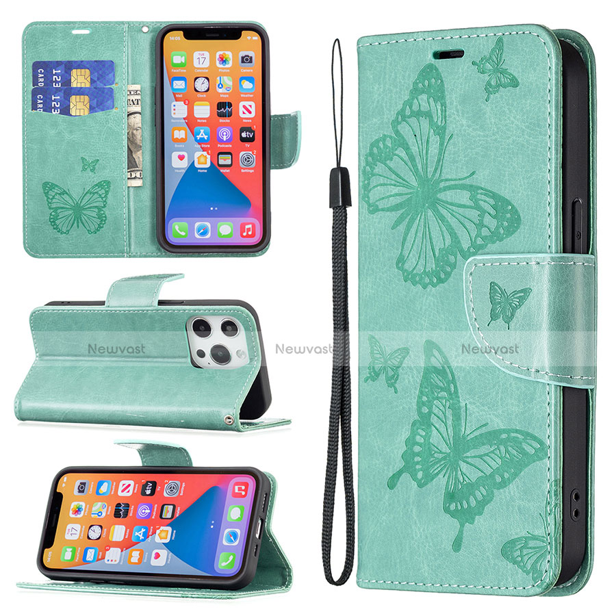 Leather Case Stands Butterfly Flip Cover L09 Holder for Apple iPhone 13 Pro Green