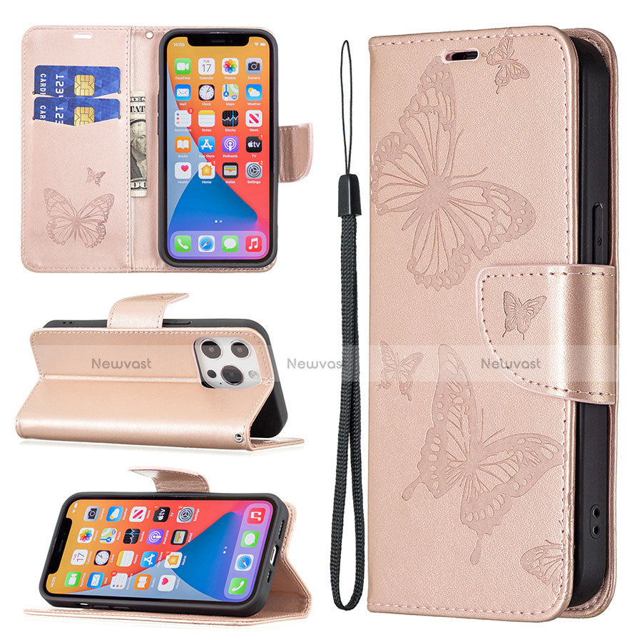 Leather Case Stands Butterfly Flip Cover L09 Holder for Apple iPhone 13 Pro Pink