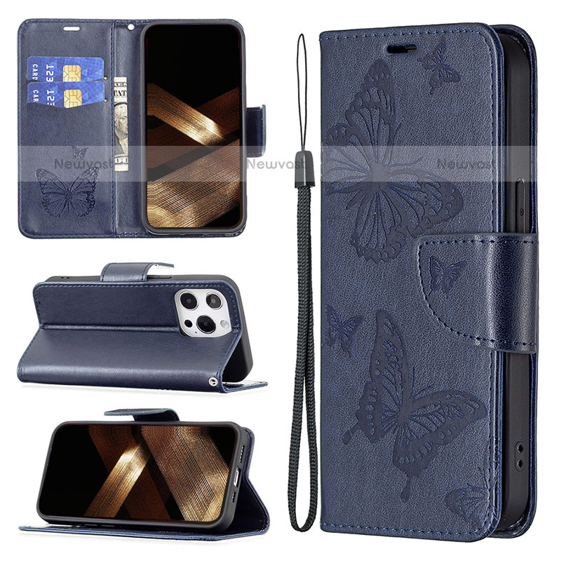 Leather Case Stands Butterfly Flip Cover L09 Holder for Apple iPhone 14 Pro Blue