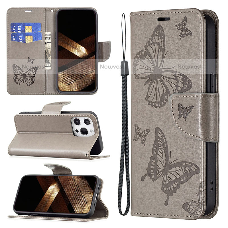 Leather Case Stands Butterfly Flip Cover L09 Holder for Apple iPhone 14 Pro Dark Gray