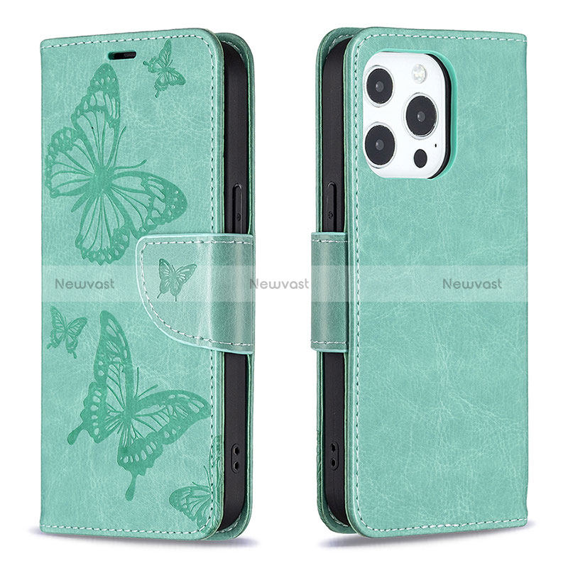 Leather Case Stands Butterfly Flip Cover L09 Holder for Apple iPhone 14 Pro Max Green