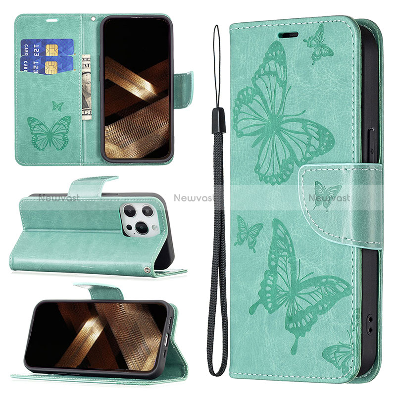 Leather Case Stands Butterfly Flip Cover L09 Holder for Apple iPhone 14 Pro Max Green