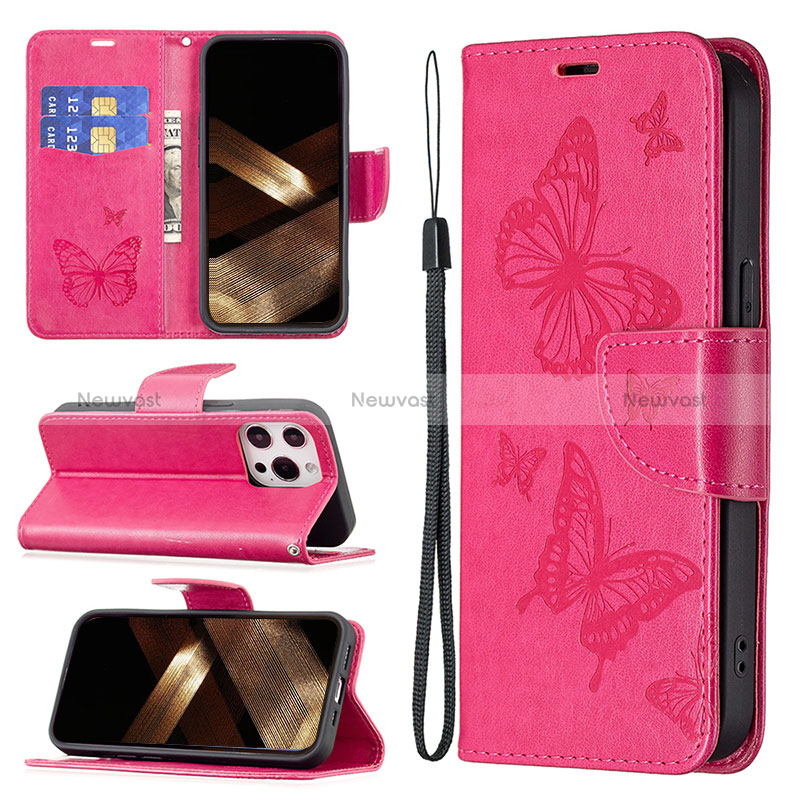 Leather Case Stands Butterfly Flip Cover L09 Holder for Apple iPhone 14 Pro Max Hot Pink