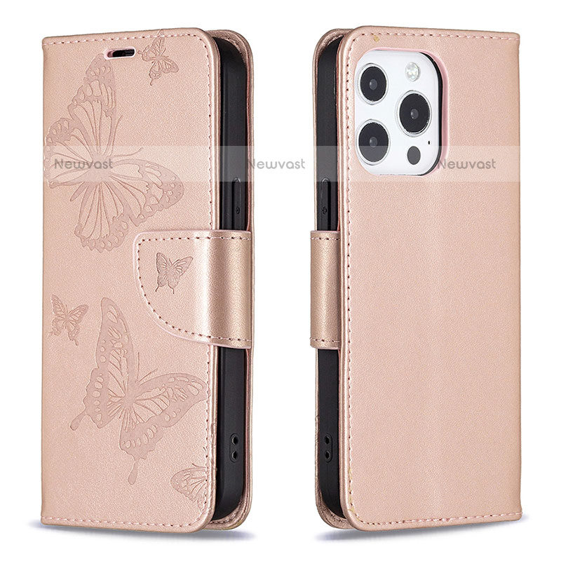 Leather Case Stands Butterfly Flip Cover L09 Holder for Apple iPhone 14 Pro Pink