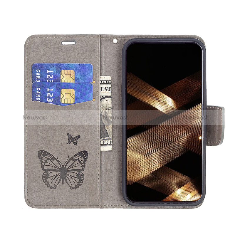 Leather Case Stands Butterfly Flip Cover L09 Holder for Apple iPhone 15 Gray