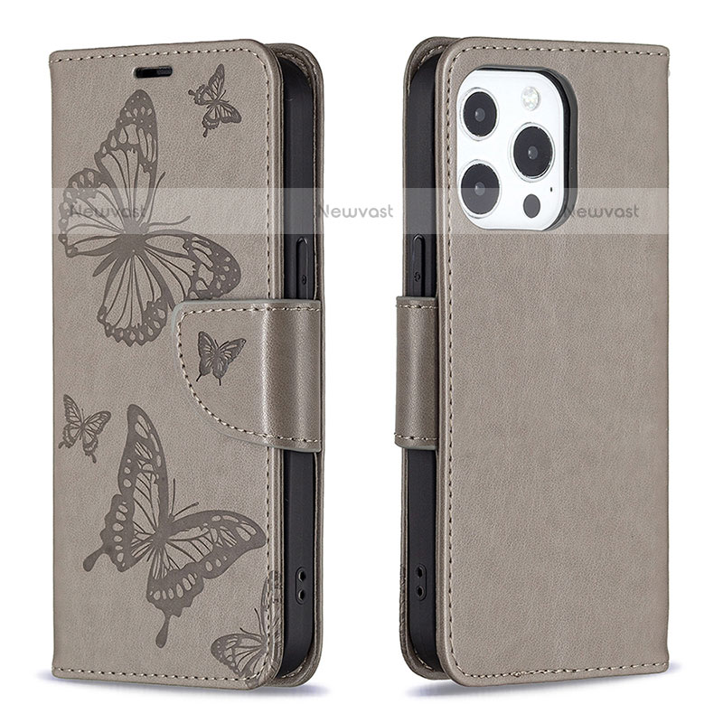 Leather Case Stands Butterfly Flip Cover L09 Holder for Apple iPhone 15 Pro Max Dark Gray