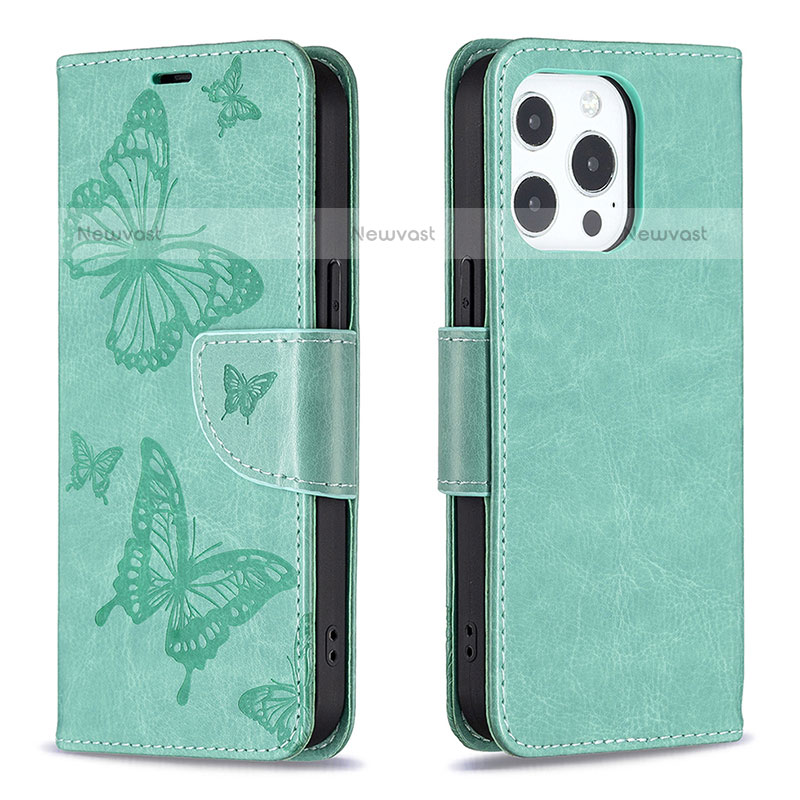 Leather Case Stands Butterfly Flip Cover L09 Holder for Apple iPhone 15 Pro Max Green