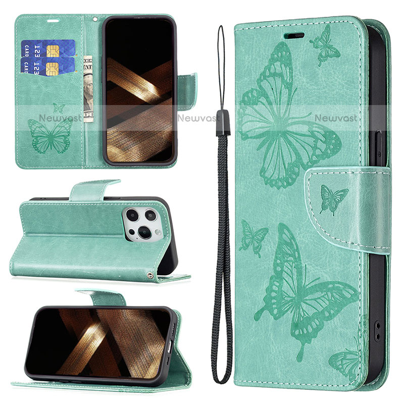 Leather Case Stands Butterfly Flip Cover L09 Holder for Apple iPhone 15 Pro Max Green