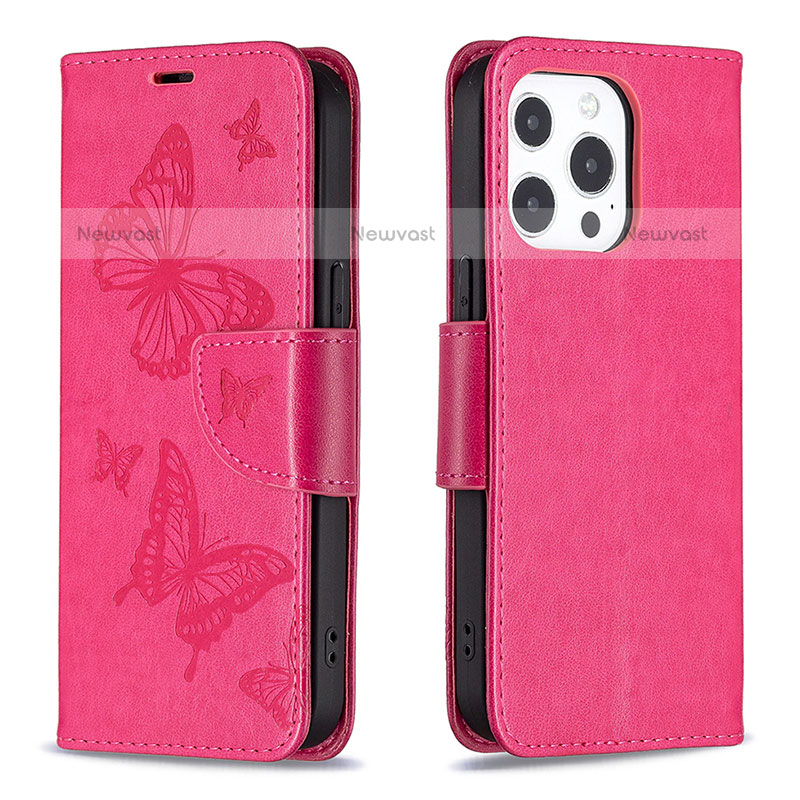 Leather Case Stands Butterfly Flip Cover L09 Holder for Apple iPhone 15 Pro Max Hot Pink