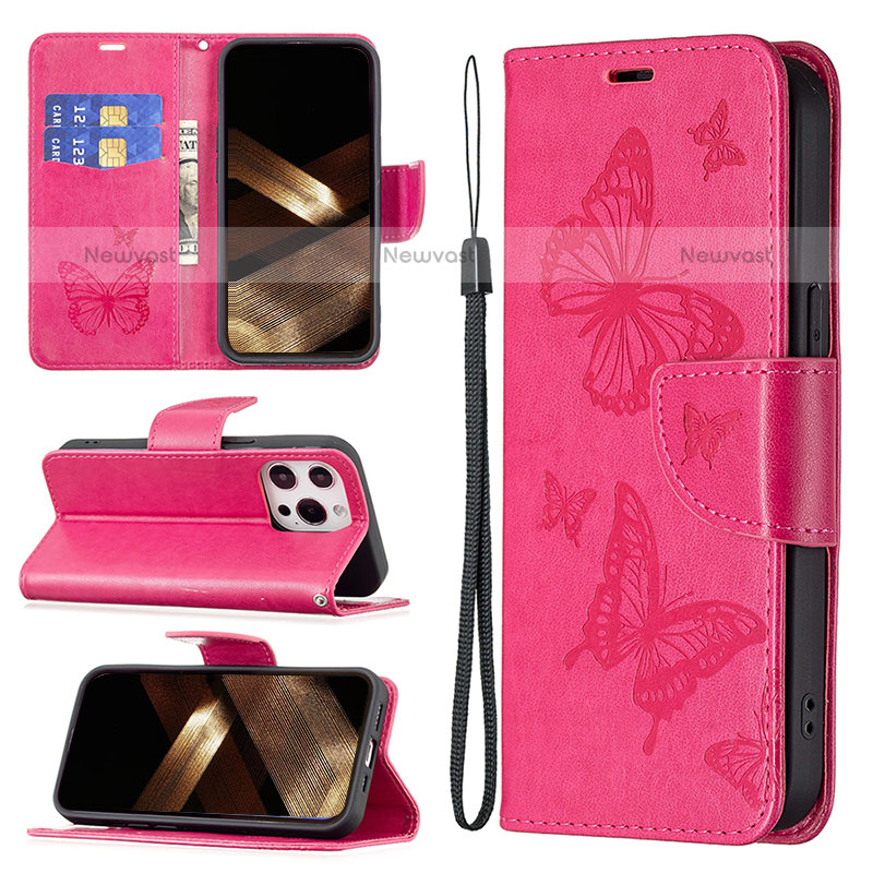 Leather Case Stands Butterfly Flip Cover L09 Holder for Apple iPhone 15 Pro Max Hot Pink