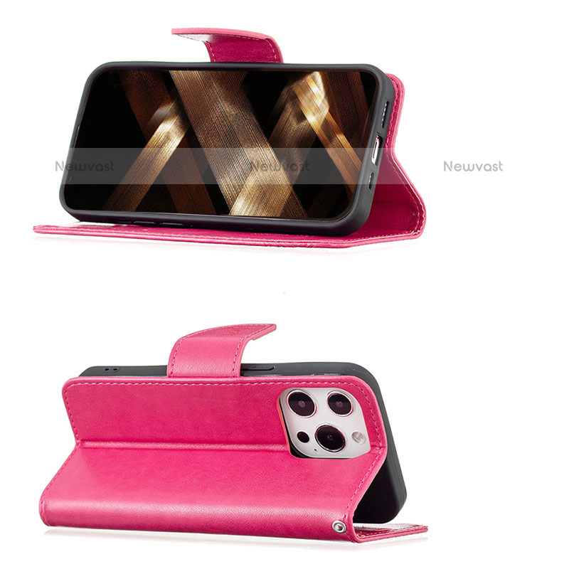 Leather Case Stands Butterfly Flip Cover L09 Holder for Apple iPhone 15 Pro Max Hot Pink