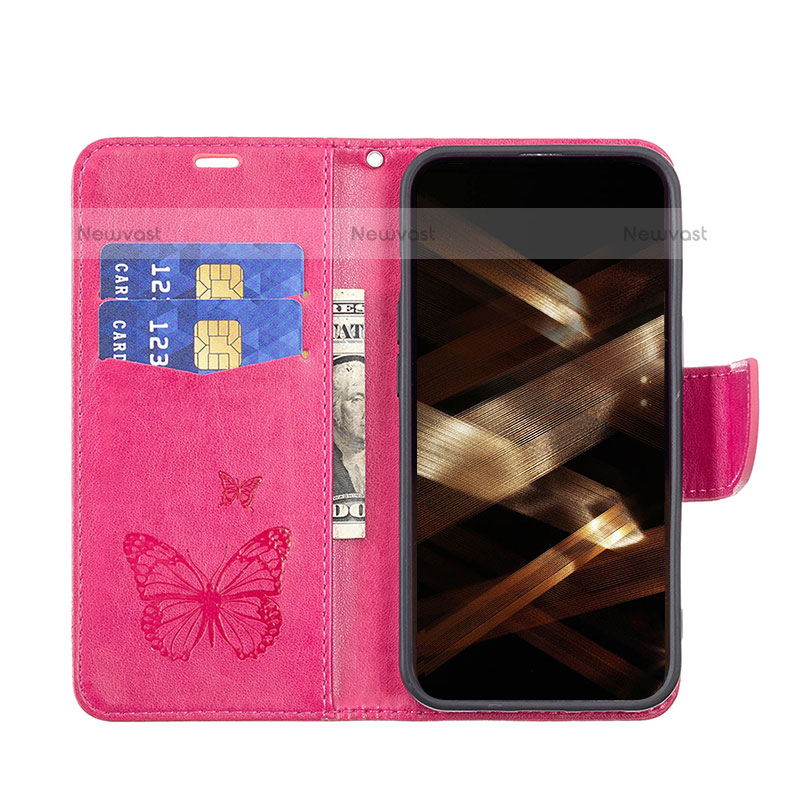 Leather Case Stands Butterfly Flip Cover L09 Holder for Apple iPhone 15 Pro Max Hot Pink