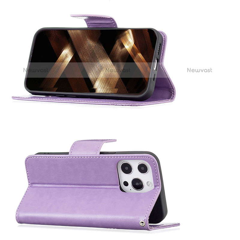 Leather Case Stands Butterfly Flip Cover L09 Holder for Apple iPhone 15 Pro Max Purple