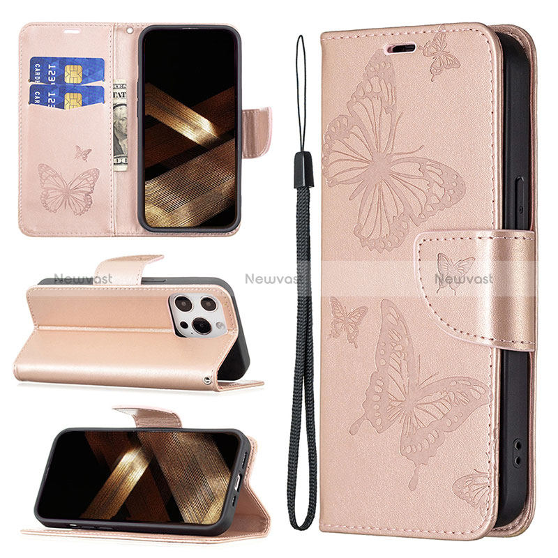 Leather Case Stands Butterfly Flip Cover L09 Holder for Apple iPhone 15 Pro Pink