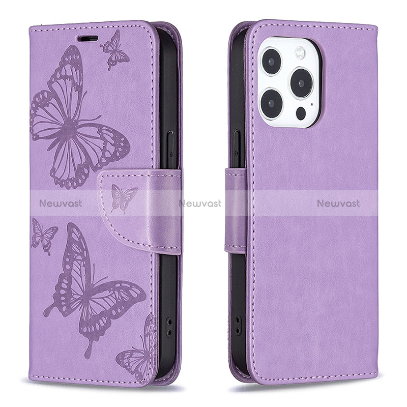 Leather Case Stands Butterfly Flip Cover L09 Holder for Apple iPhone 15 Pro Purple