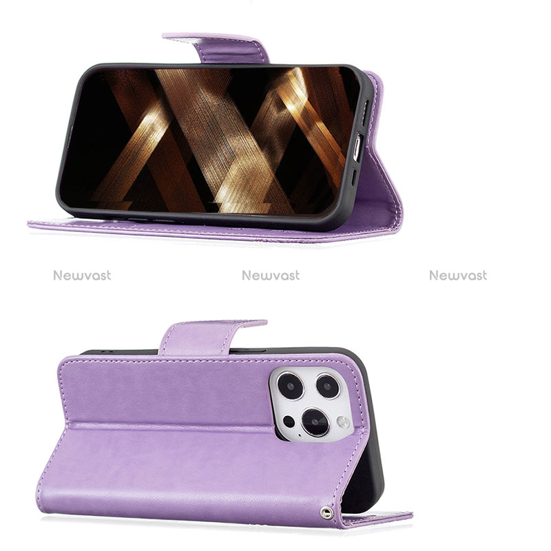 Leather Case Stands Butterfly Flip Cover L09 Holder for Apple iPhone 15 Pro Purple