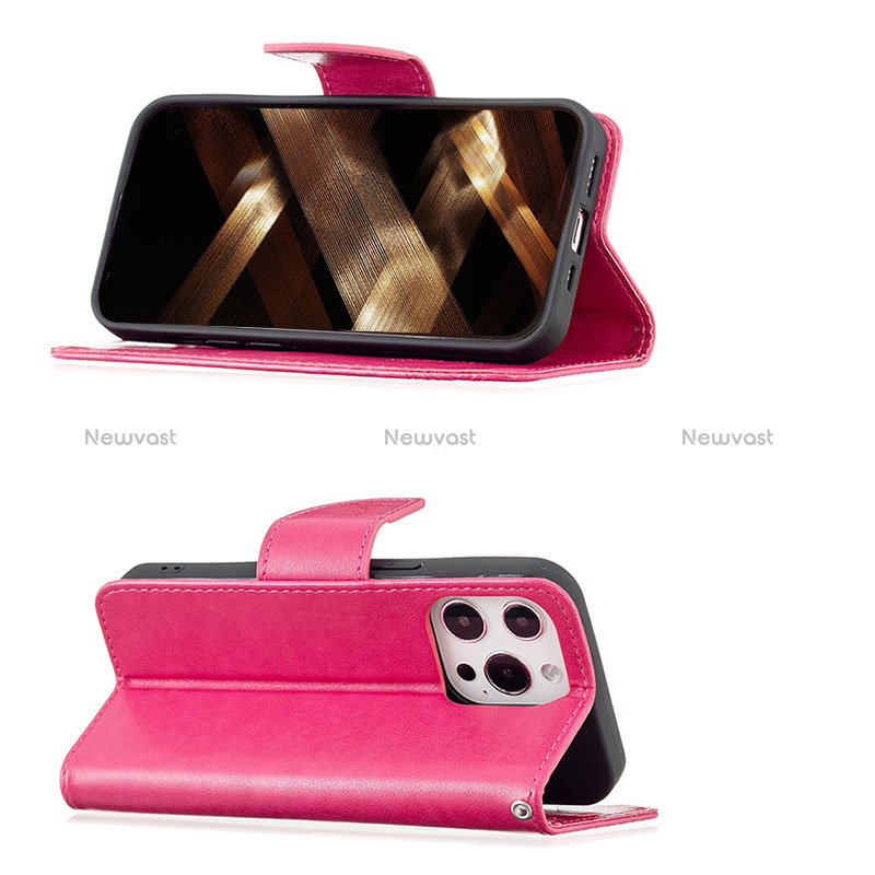 Leather Case Stands Butterfly Flip Cover L09 Holder for Apple iPhone 16 Pro Hot Pink