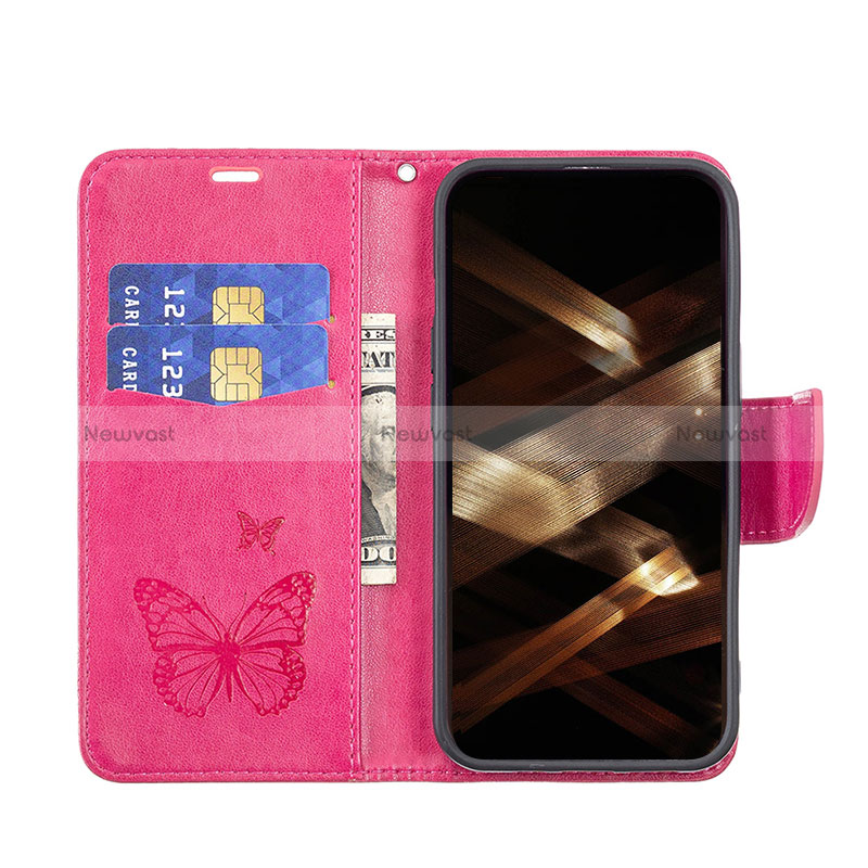 Leather Case Stands Butterfly Flip Cover L09 Holder for Apple iPhone 16 Pro Hot Pink