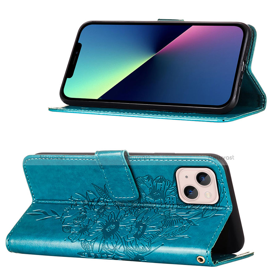 Leather Case Stands Butterfly Flip Cover L10 Holder for Apple iPhone 13 Mini Blue