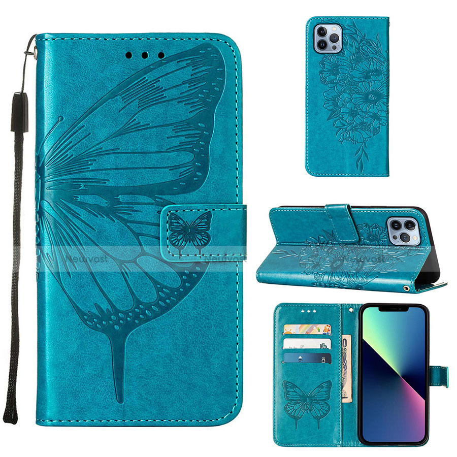 Leather Case Stands Butterfly Flip Cover L10 Holder for Apple iPhone 13 Pro Blue