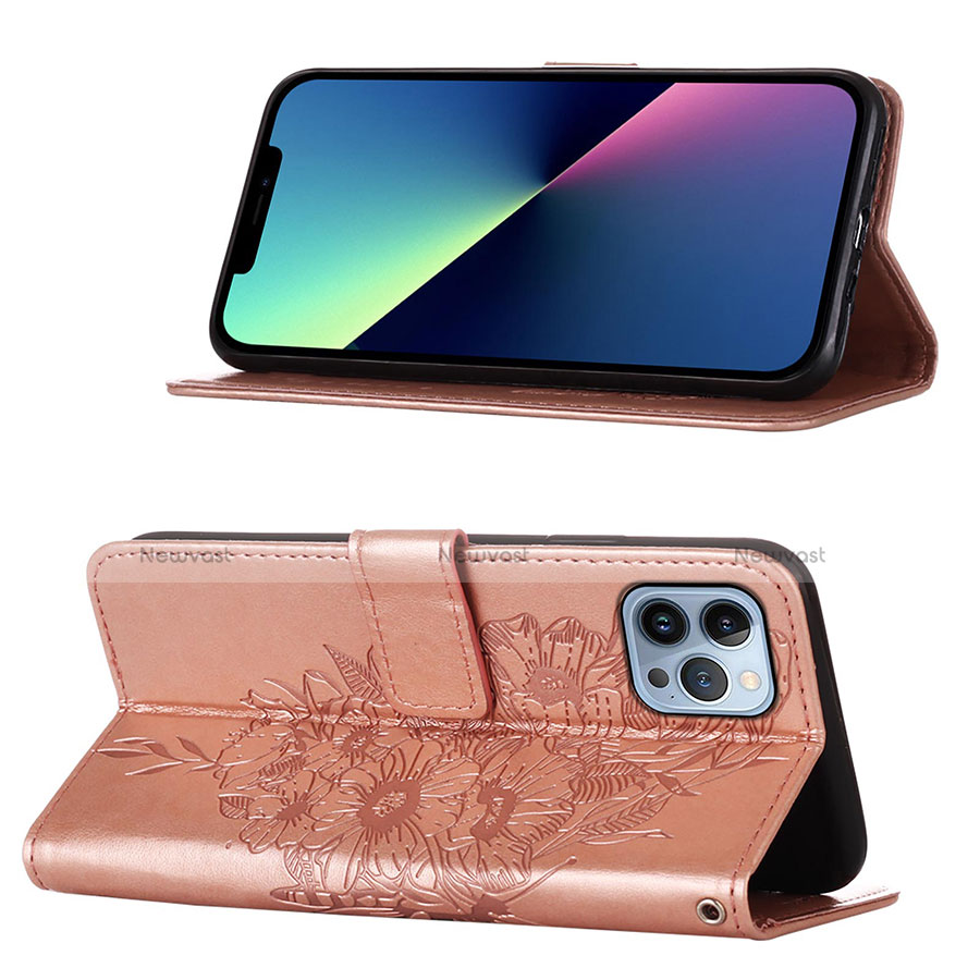 Leather Case Stands Butterfly Flip Cover L10 Holder for Apple iPhone 13 Pro Max Rose Gold