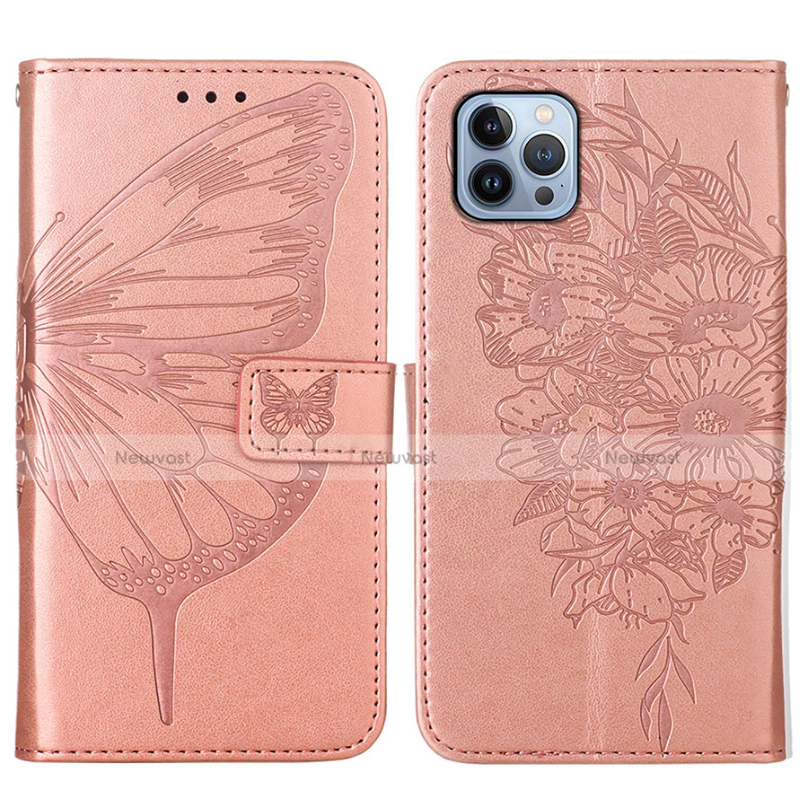 Leather Case Stands Butterfly Flip Cover L10 Holder for Apple iPhone 13 Pro Rose Gold