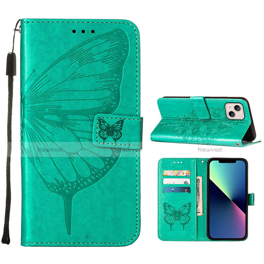 Leather Case Stands Butterfly Flip Cover L10 Holder for Apple iPhone 14 Plus Green