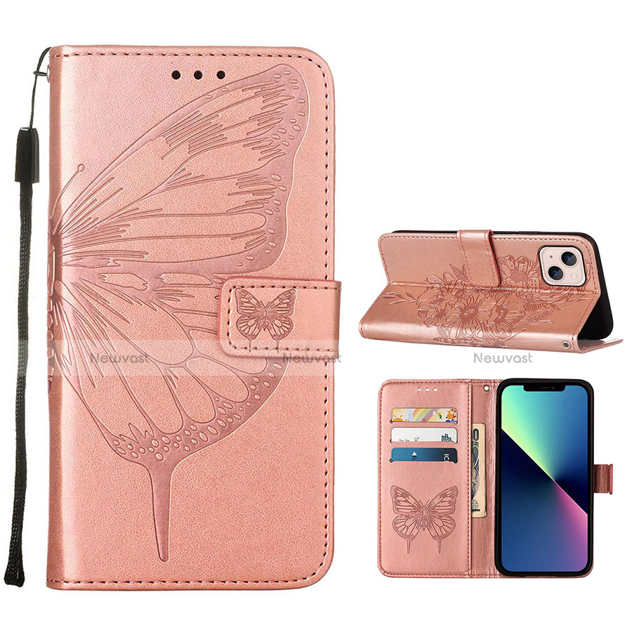 Leather Case Stands Butterfly Flip Cover L10 Holder for Apple iPhone 14 Plus Rose Gold