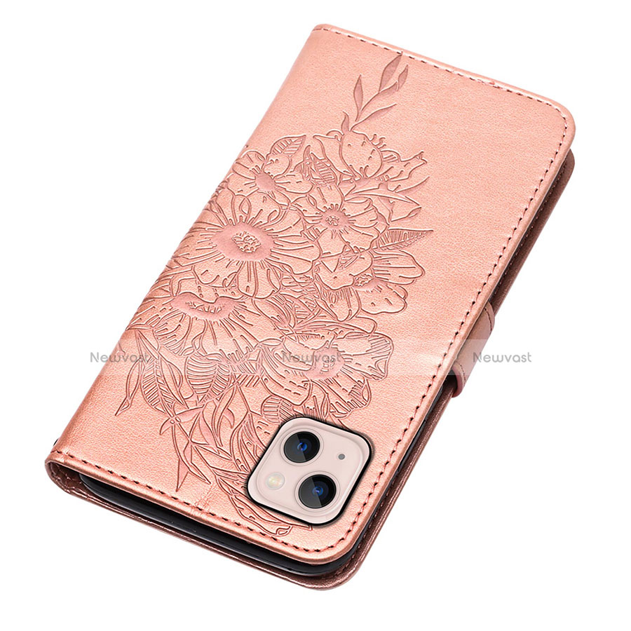 Leather Case Stands Butterfly Flip Cover L10 Holder for Apple iPhone 14 Plus Rose Gold