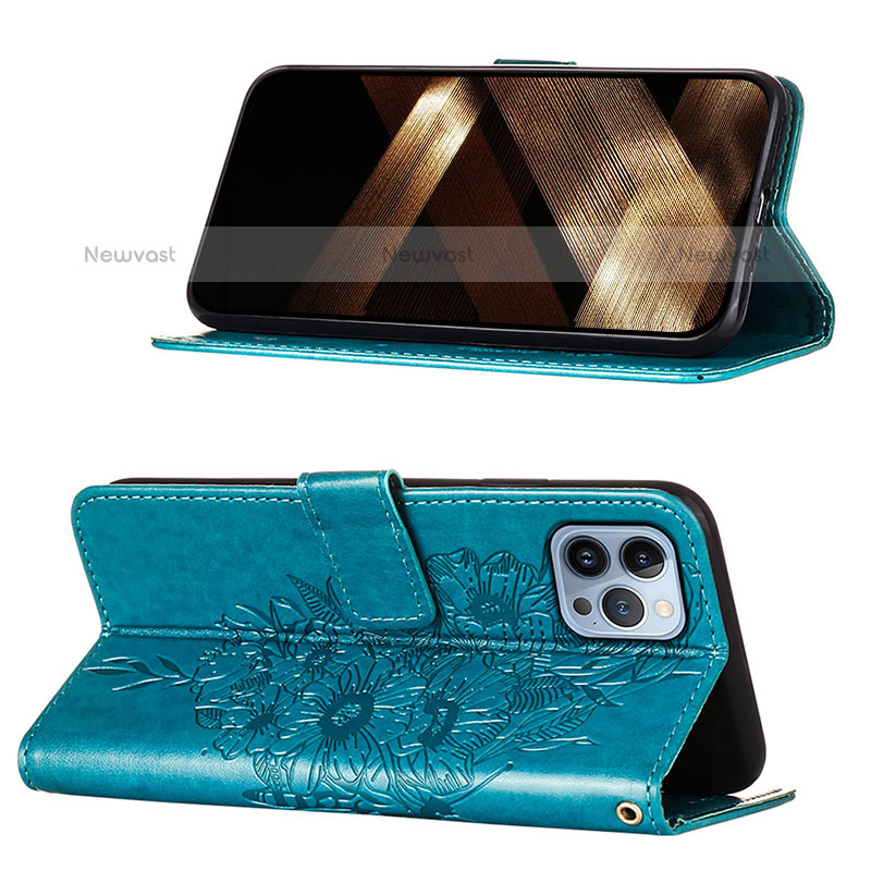 Leather Case Stands Butterfly Flip Cover L10 Holder for Apple iPhone 14 Pro Blue