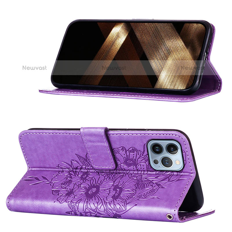 Leather Case Stands Butterfly Flip Cover L10 Holder for Apple iPhone 14 Pro Clove Purple