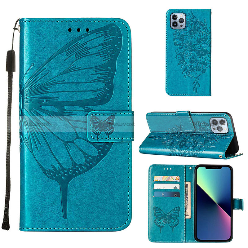 Leather Case Stands Butterfly Flip Cover L10 Holder for Apple iPhone 14 Pro Max Blue