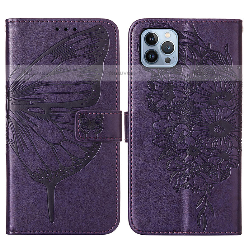 Leather Case Stands Butterfly Flip Cover L10 Holder for Apple iPhone 14 Pro Purple