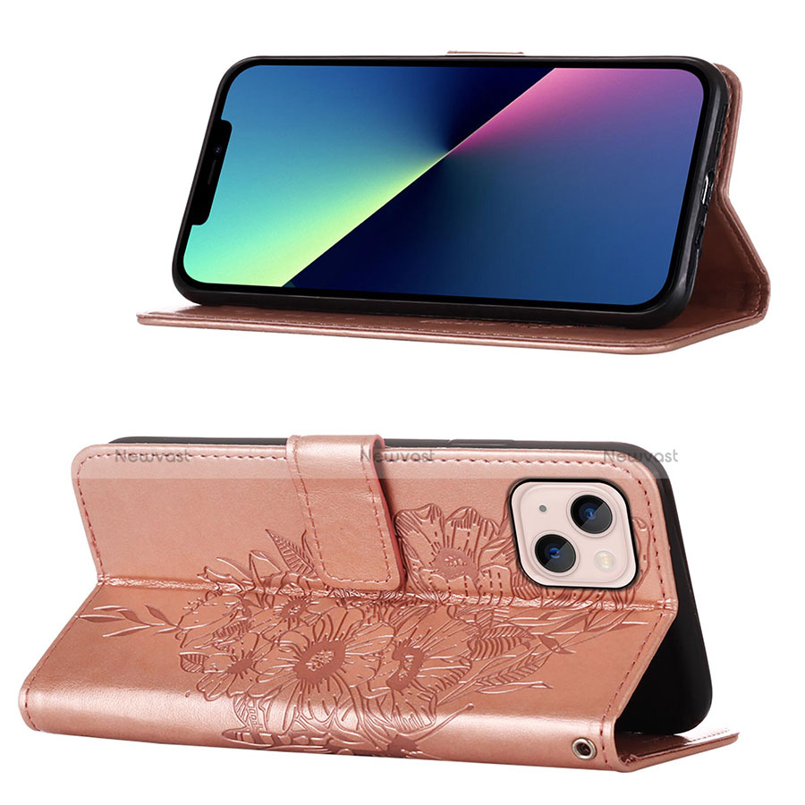 Leather Case Stands Butterfly Flip Cover L10 Holder for Apple iPhone 14 Rose Gold