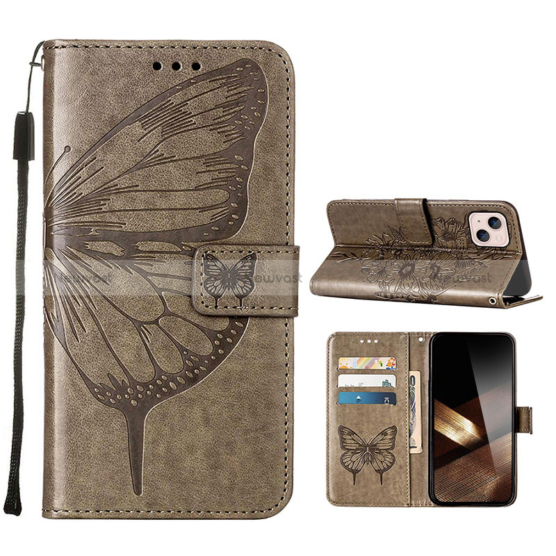 Leather Case Stands Butterfly Flip Cover L10 Holder for Apple iPhone 15 Dark Gray