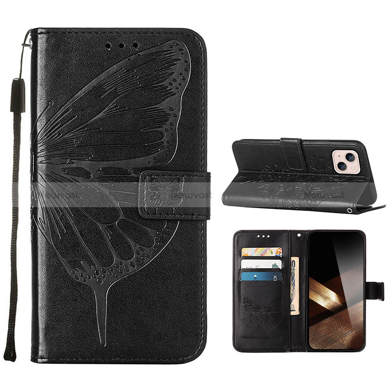 Leather Case Stands Butterfly Flip Cover L10 Holder for Apple iPhone 15 Plus Black