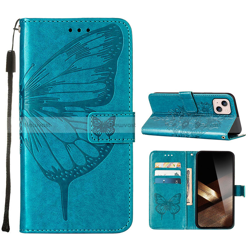 Leather Case Stands Butterfly Flip Cover L10 Holder for Apple iPhone 15 Plus Blue